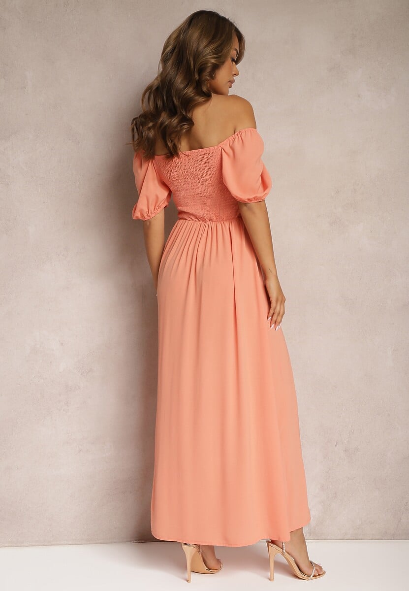 Pomarańczowa Sukienka Wieczorowa z Hiszpańskim Dekoltem i Rozcięciem Vikiya