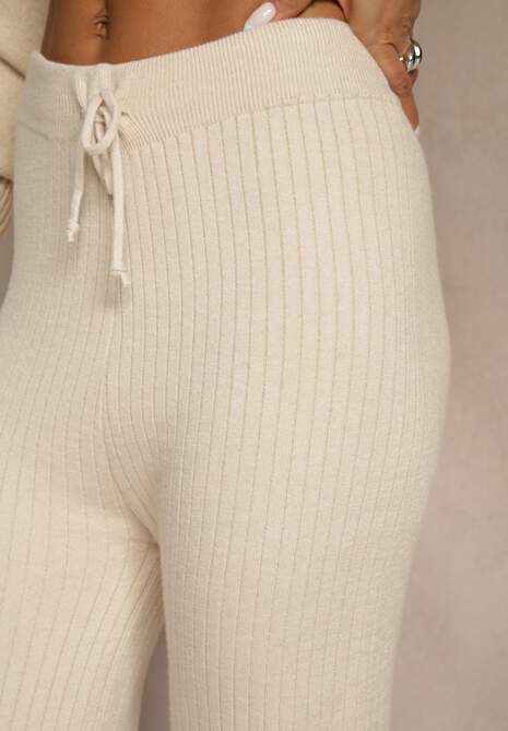 Jasnobeżowe Szerokie Spodnie z Wełną High Waist z Prążkowanego Materiału Reinna