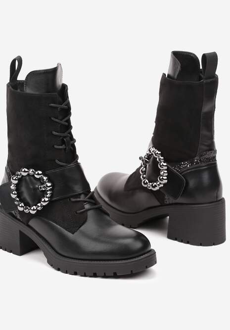 Czarne Botki w Stylu Workerów na Słupkowym Obcasie z Ozdobnym Paskiem z Klamrą Emmitha