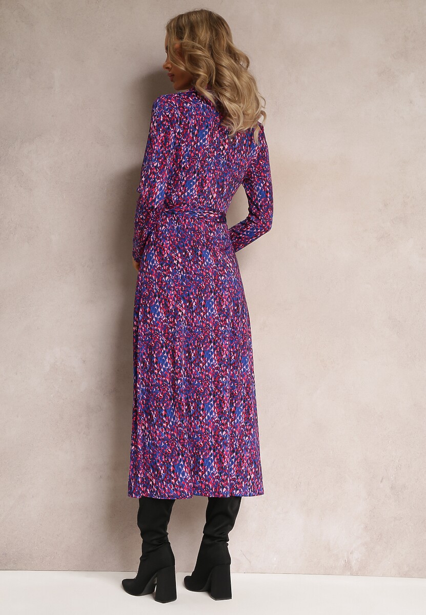 Fioletowo-Niebieska Sukienka Koszulowa z Wiązanym Paskiem i Długim Rękawem Malenie