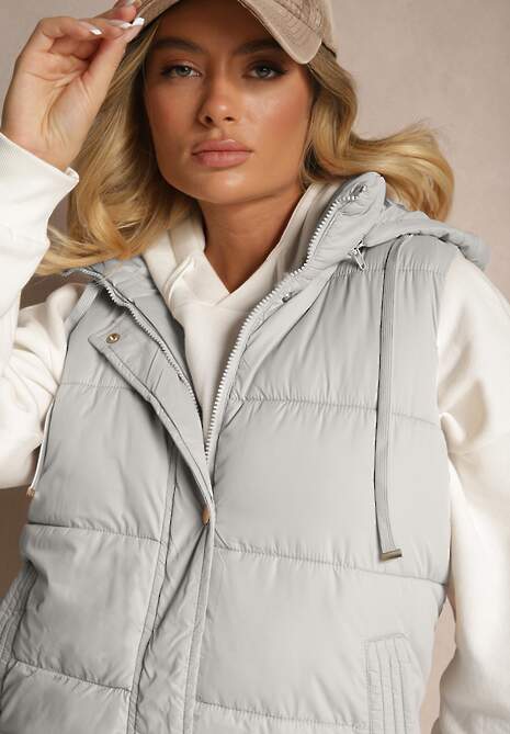 Zielona Kamizelka Pikowana z Kapturem Ozdobiona Sznurkami Eleandra