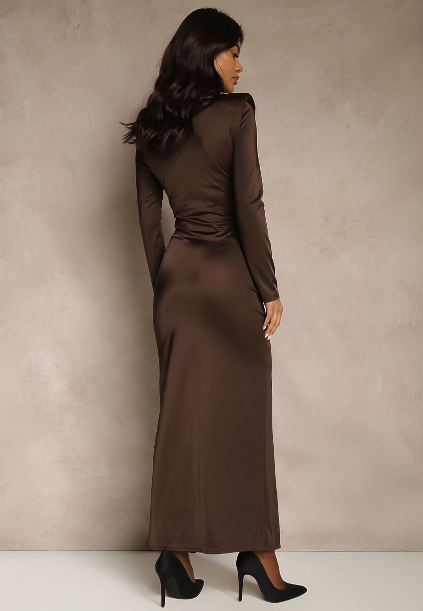 Brązowa Koktajlowa Sukienka z Rozcięciem na Nogę Zdobiona Trenem Atirga