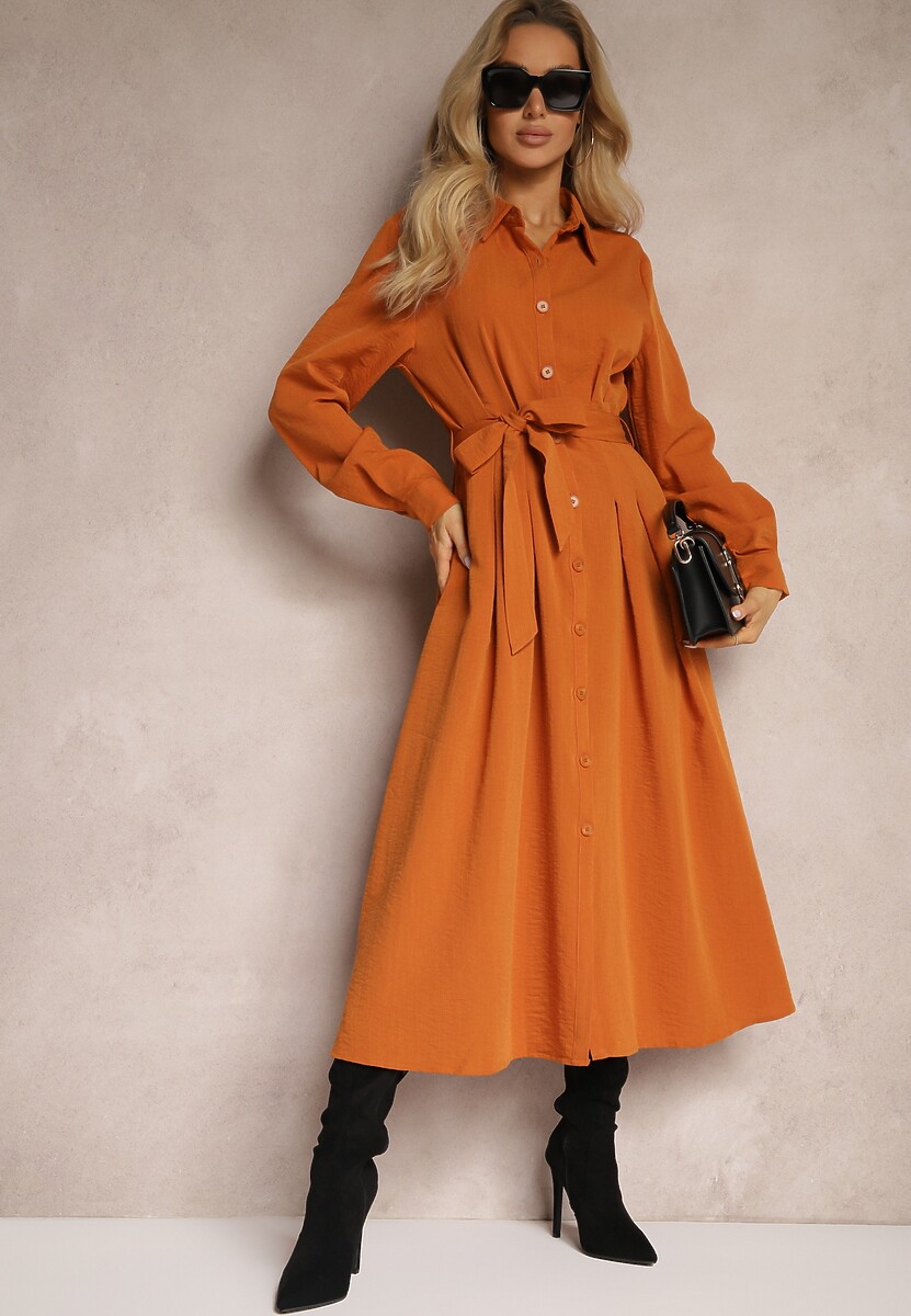 Pomarańczowa Koszulowa Sukienka Taliowana z Rozkloszowanym Dołem Nereira