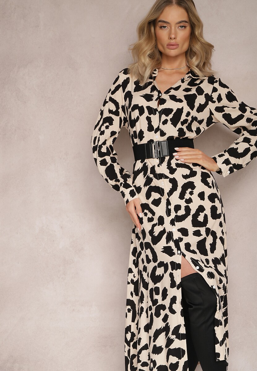 Beżowo-Czarna Sukienka Koszulowa w Cętki z Paskiem Canahy