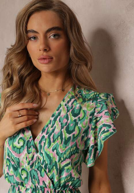 Zielona Rozkloszowana Sukienka Maxi z Kopertowym Dekoltem i Gumką w Pasie Yllia