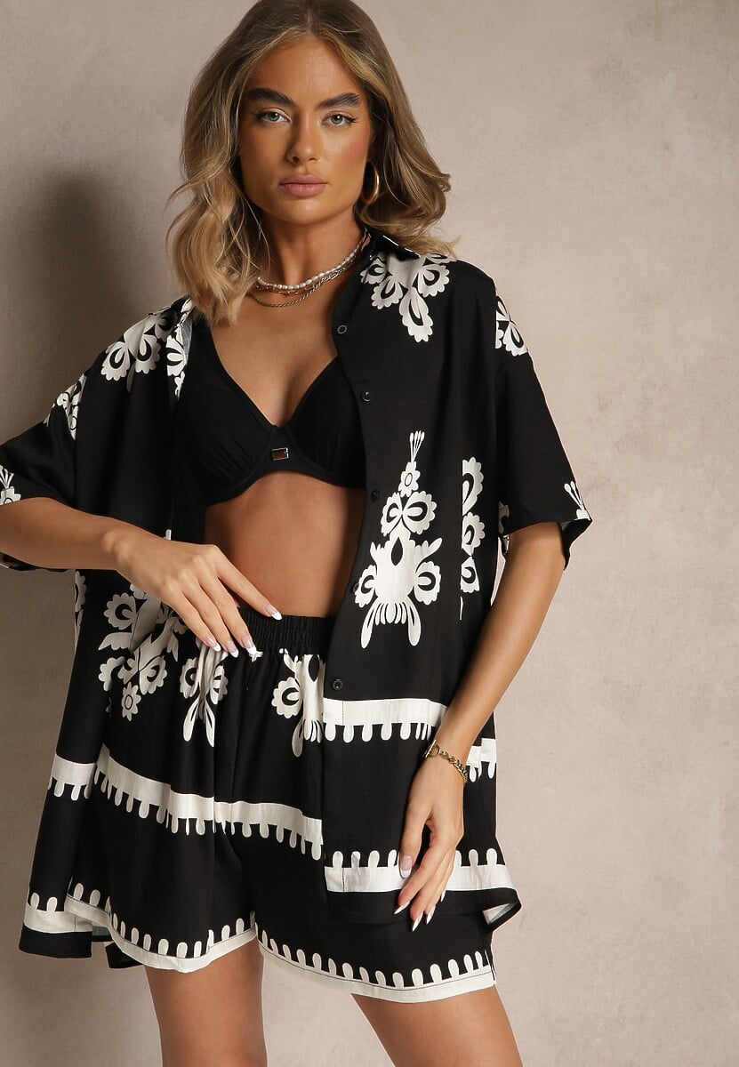 Czarny Komplet z Rustykalnym Wzorem z Szortami i Koszulą Tosnea