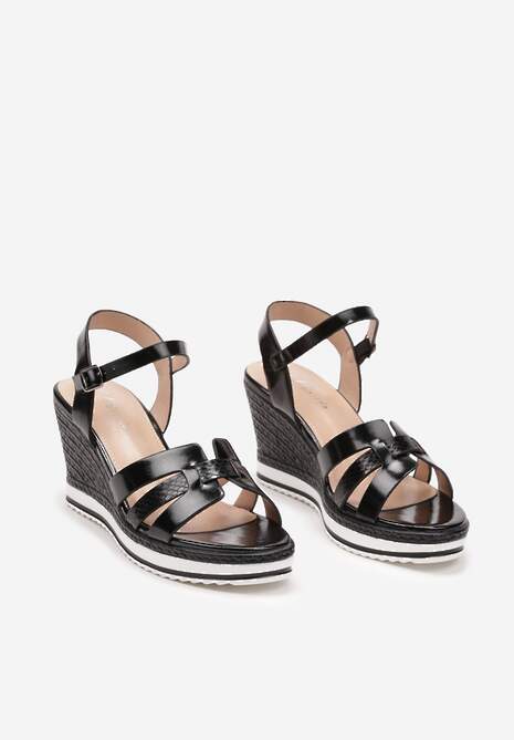 Czarne Sandały z Ekoskóry na Koturnie Zapinane przy Kostce na Sprzączkę Natalea