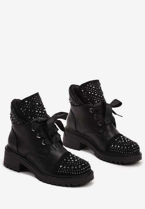 Czarne Botki ze Sznurowaną Cholewką i Cyrkoniowymi Zdobieniami Etintrella