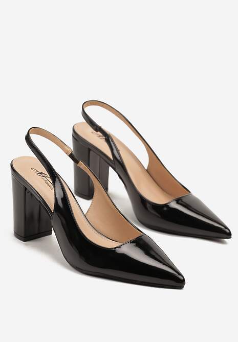 Czarne Sandały Lakierowane na Słupku Slingback Halasela