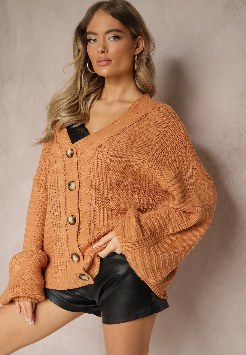Ciemnobeżowy Kardigan z Dodatkiem Wiskozy Wykończony Guzikami Tłoczeniem i Ściągaczem Fizora