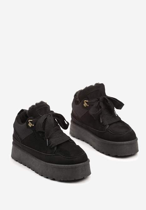 Czarne Sneakersy na Platformie ze Sznurowaniem Ozdobione Futerkiem Vaivelle