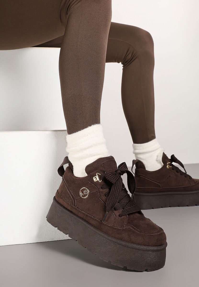 Brązowe Sneakersy z Ekozamszu na Grubej Podeszwie Wyściełane Futerkiem Senavel