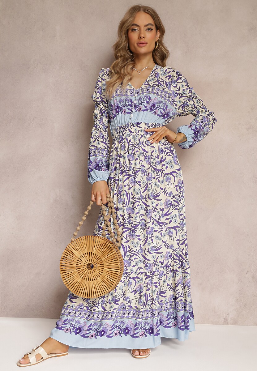 Fioletowo-Beżowa Sukienka Maxi w Kwiaty z Wiskozy Vellu