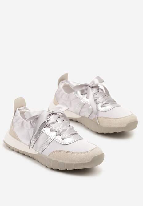 Szare Sneakersy Klasyczne Tenisówki ze Skóry Naturalnej z Satynowym Wiązaniem Viviantia