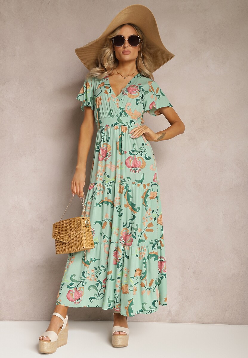 Biała Kwiatowa Sukienka o Rozkloszowanym Fasonie Maxi z Wiskozy z Falbanką Acatie