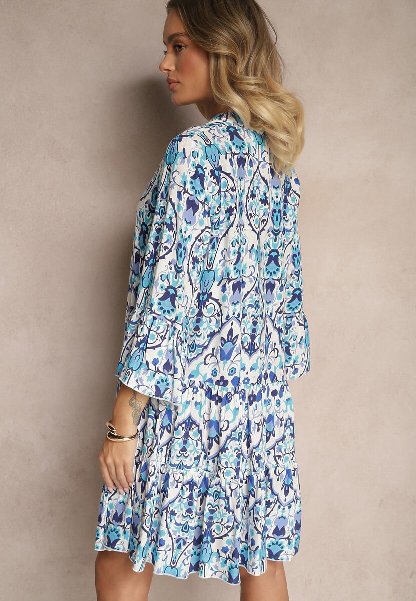 Niebieska Sukienka z Wiskozą o Rozkloszowanym Kroju w Etniczny Print Aledia