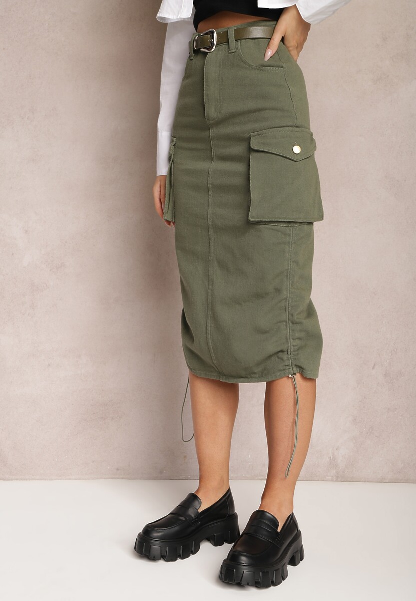 Ciemnozielona Cargo Spódnica Midi z Paskiem i Ściągaczami Timnitos