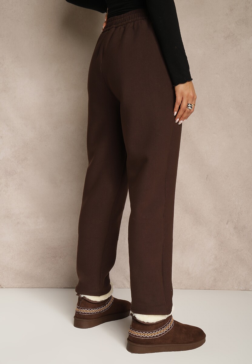 Brązowe Ocieplane Spodnie z Gumką w Pasie Prokana