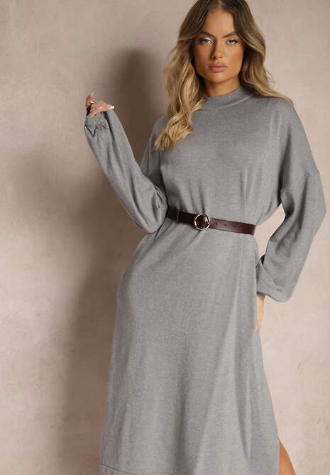 Szara Sukienka z Dodatkiem Wiskozy o Pudełkowym Kroju z Metaliczną Nicią Arkiria