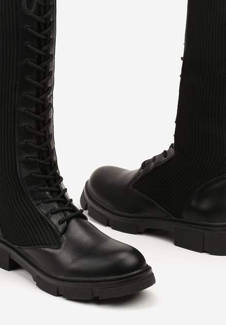 Czarne Płaskie Kozaki ze Skarpetową Cholewką i Sznurowaniem Sannirael