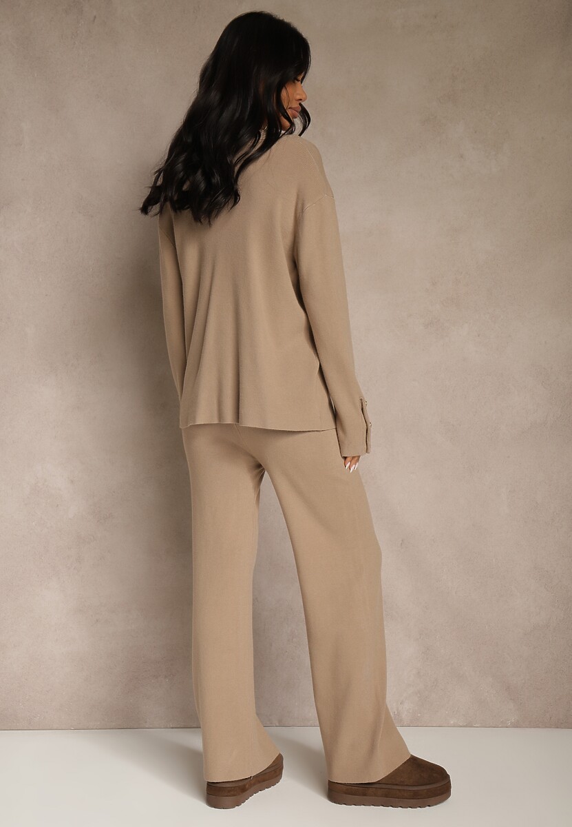 Beżowy Komplet z Dzianiny z Wiskozą Kardigan i Spodnie z Gumką Badrine