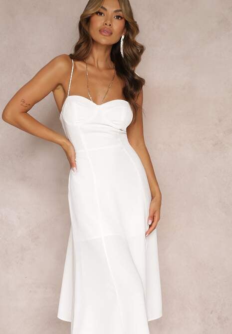 Biała Rozkloszowana Sukienka Midi z Rozcięciem na Ramiączkach Josine