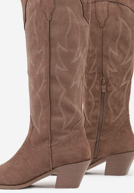 Ciemnobeżowe Haftowane Kozaki Kowbojki na Stożkowym Obcasie Galianna