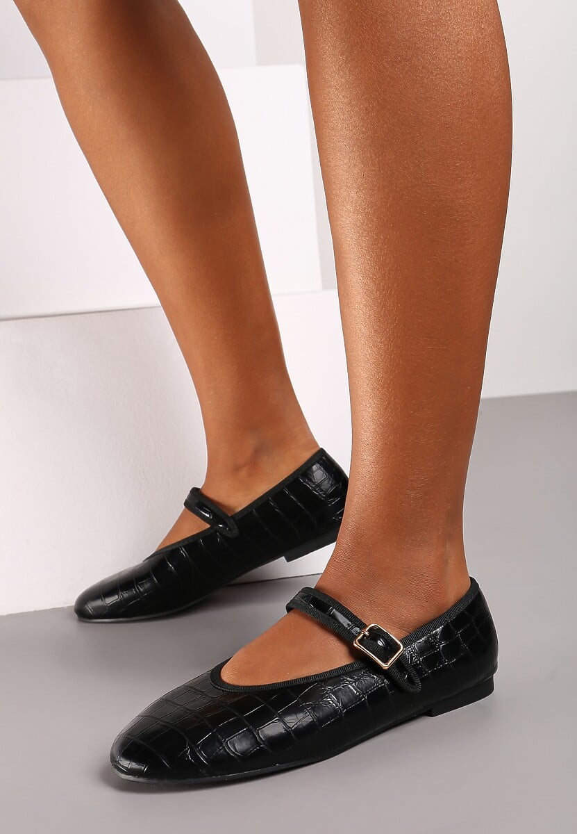 Czarne Balerinki na Płaskiej Podeszwie w Stylu Mary Jane Zapinane na Sprzączkę Rivannae