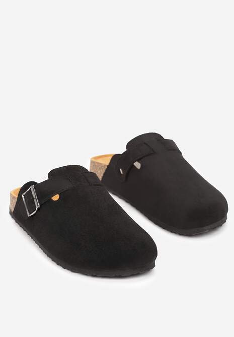 Czarne Klapki na Płaskiej Podeszwie z Korka z Klamerką i Okrągłym Noskiem Shamsa
