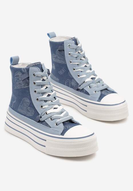 Niebieskie Trampki na Platformie z Wysoką Cholewką i Wzorem Serc Aviriss