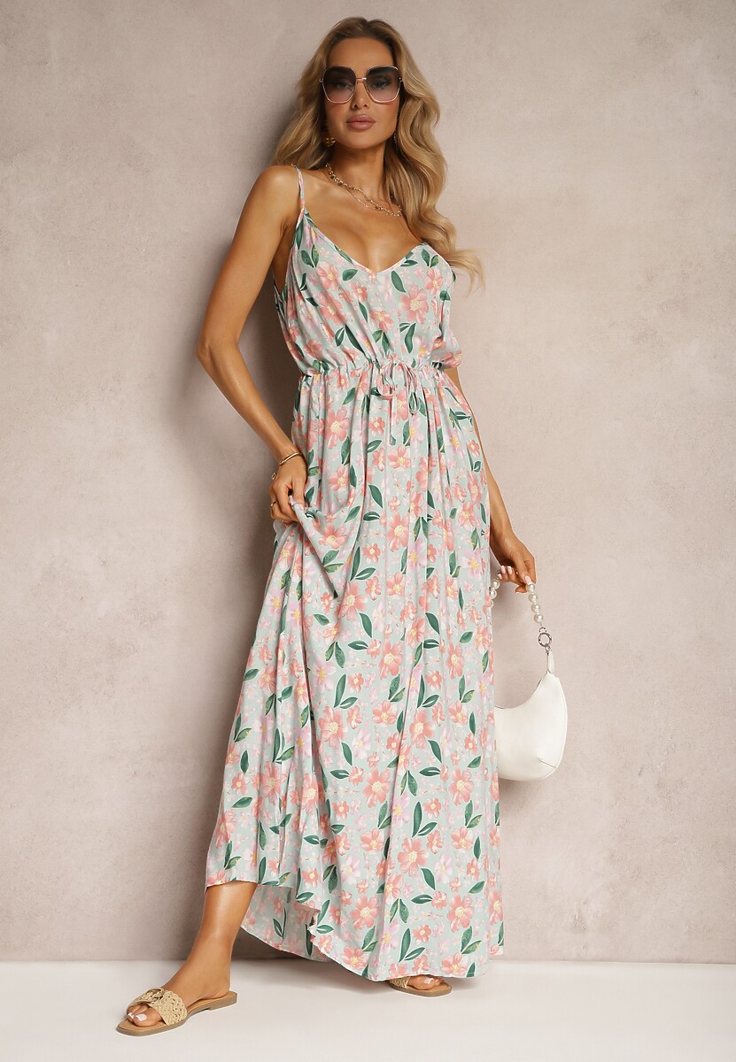 Czarno-Niebieska Wiskozowa Sukienka ze Ściągaczem na Regulowanych Ramiączkach w Kwiaty Abcolia