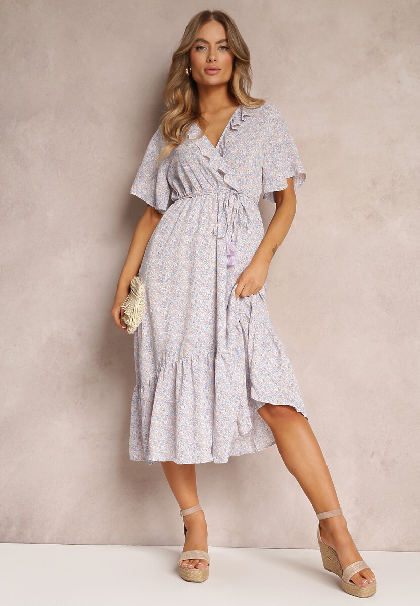 Jasnoniebieska Sukienka Midi z Falbankami Kopertowym Dekoltem i Gumką w Pasie Denila