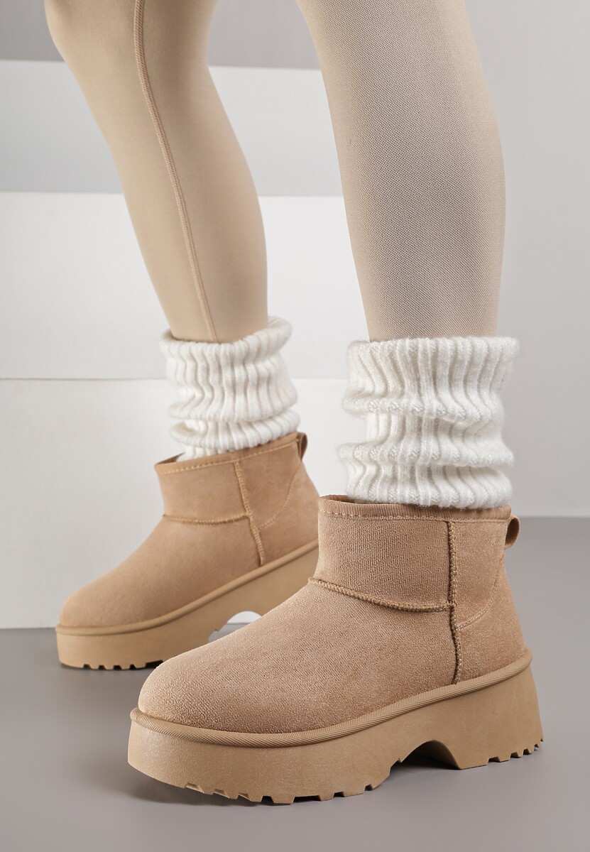 Ciemnobeżowe Śniegowce z Imitacji Zamszu o Wsuwanym Fasonie na Platformie Reilessa