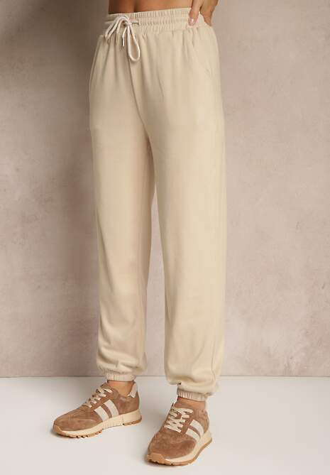 Beżowy Komplet Dresowy Spodnie i Bluza z Kapturem i Kangurową Kieszenią Lotilea