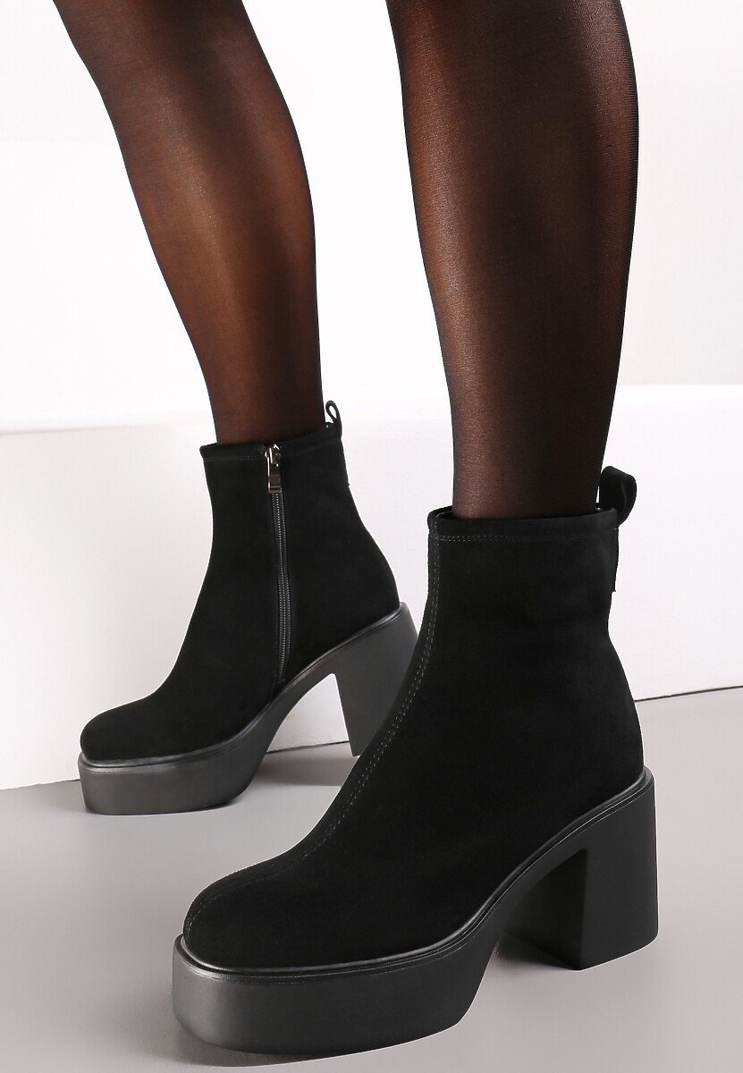 Czarne Casualowe Botki na Słupku i Platformie Dansee