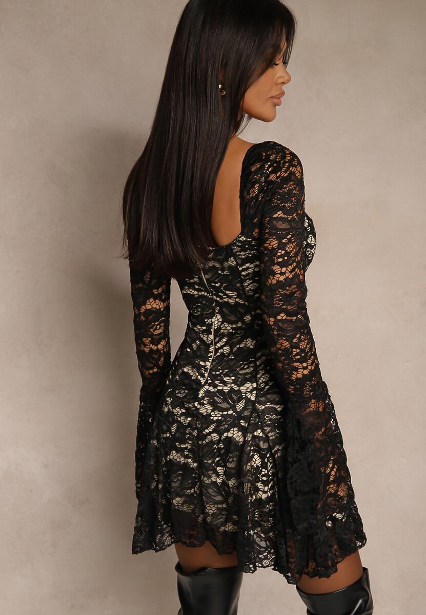 Czarno-Różowa Gorsetowa Rozkloszowana Sukienka Koktajlowa z Koronką Leanirwen