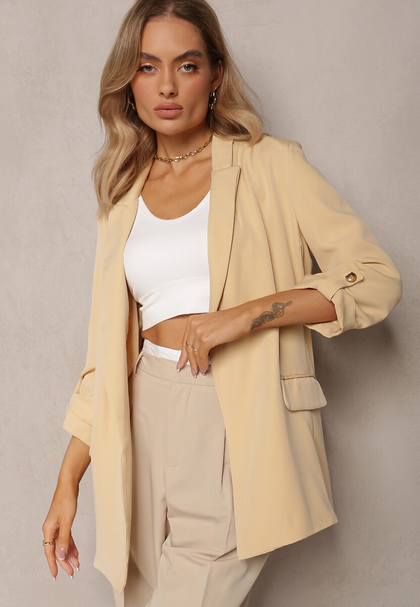 Beżowa Niezapinana Marynarka z Rękawami 3/4 i Kieszeniami na Klapy Farsana