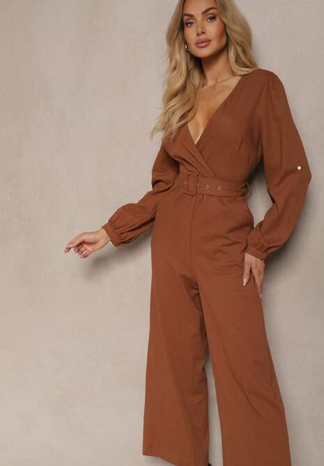 Brązowy Kopertowy Kombinezon z Bawełny z Dodatkowym Paskiem i Gumką w Talii Rinnarela
