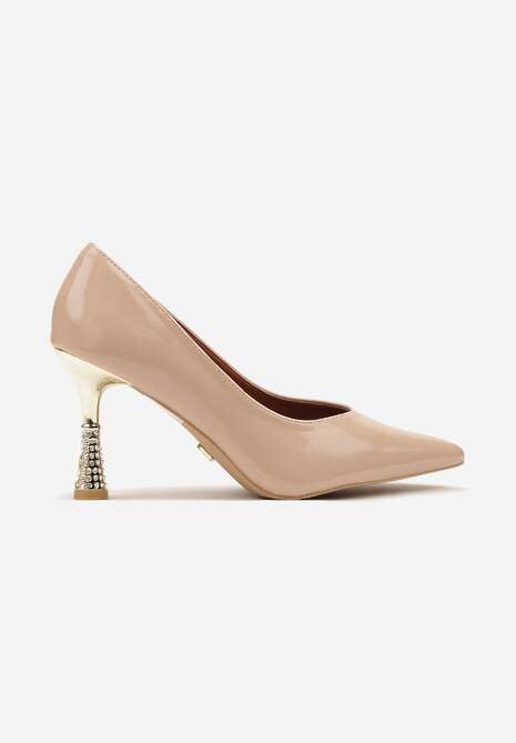 Ciemnobeżowe Lakierowane Szpilki Vices z Wkładką ze Skóry Naturalnej Zdobione Cyrkoniami Gioriana