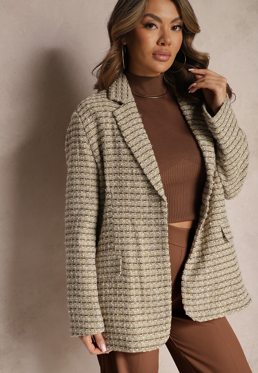 Szaro-Beżowa Tweedowa Marynarka Jednorzędowa z Ozdobnymi Guzikami Arielitta