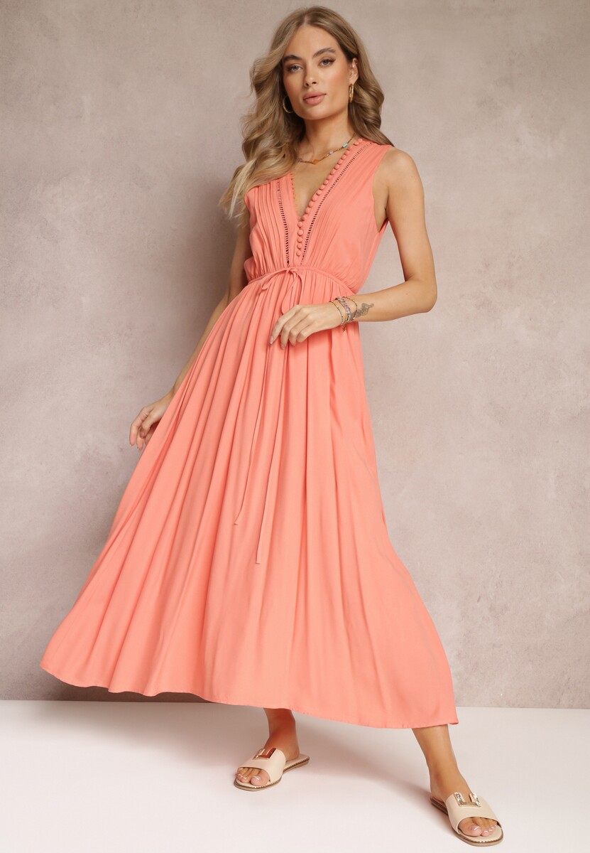 Pomarańczowa Rozkloszowana Sukienka Maxi z Gumką w Talii i Ozdobnymi Guzikami z Wiskozy Vianna