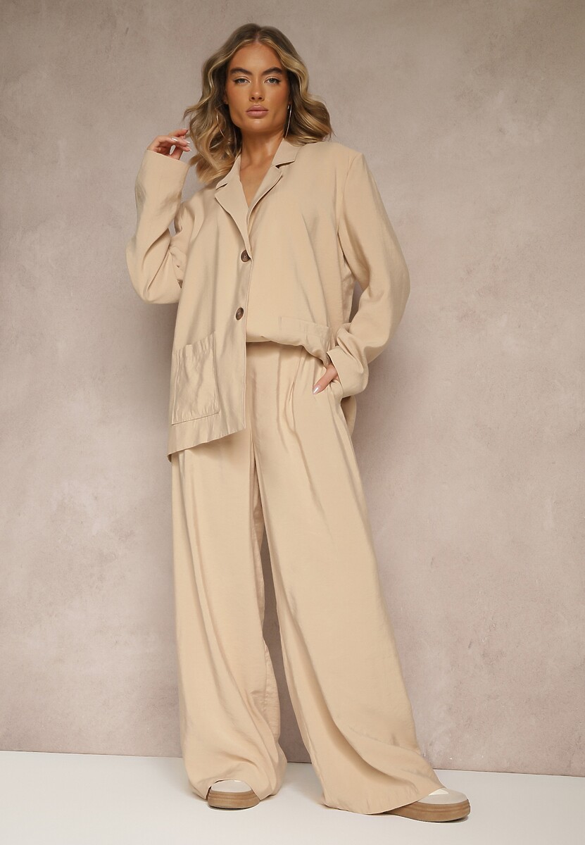 Beżowe Spodnie Low Waist z Modalu z Szeroką Nogawką Reanelira