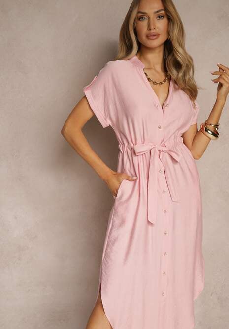 Różowa Koszulowa Rozkloszowana Sukienka z Wiskozy z Paskiem Katilene