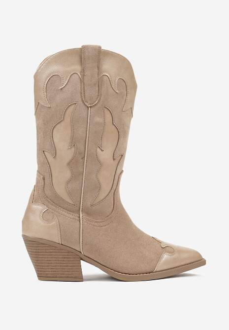 Ciemnobeżowe Kozaki Kowbojki na Stożku z Tłoczoną Cholewką Avrenne