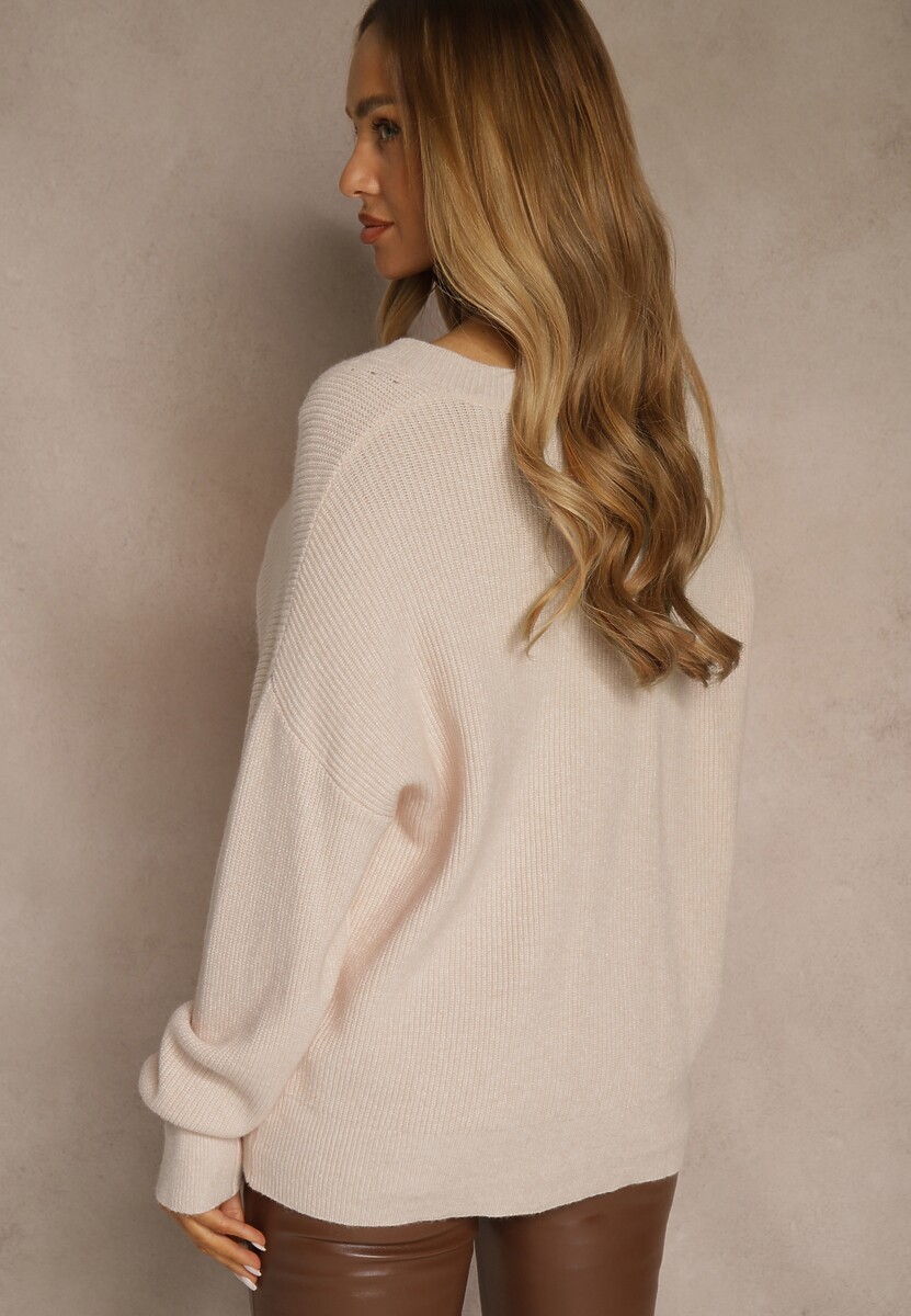 Beżowy Sweter z Dodatkiem Kaszmiru i Trójkątnym Dekoltem Silefera