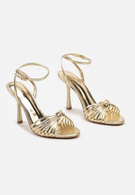 Złote Sandały na Szpilce z Cienkimi Paseczkami z Supełkiem Wloedia