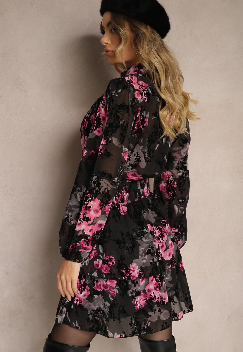 Czarno-Różowa Kwiatowe Sukienka z Gumką w Pasie i Stójką Ettania