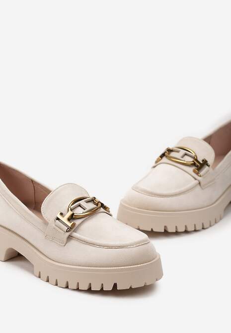 Beżowe Mokasyny z Imitacji Zamszu z Geometryczną Klamerką Echonesa