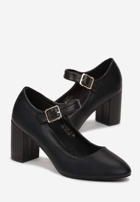 Czarne Czółenka na Słupku z Paskiem i Migdałowym Noskiem Cornals