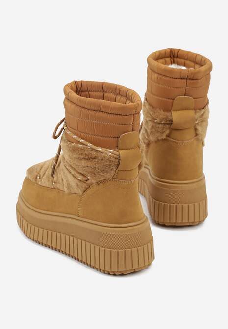 Jasnobrązowe Śniegowce na Platformie z Tłoczeniem Ozdobione Futerkiem i Pikowaniem Adallie